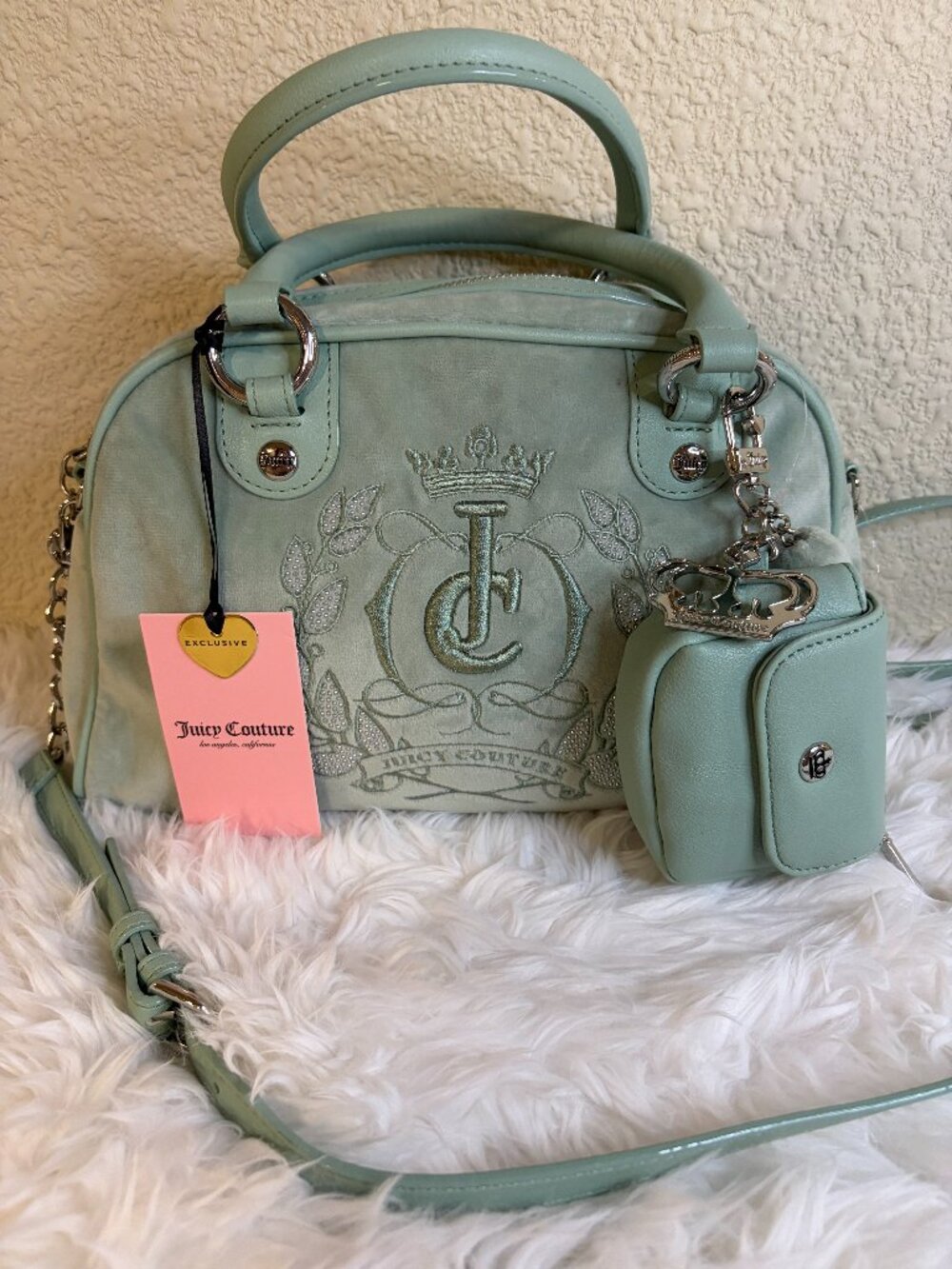 Trending Juicy Couture Frost Green Sparkle Royal Satchel Crossbody Bag Charm NWT